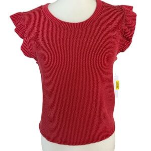 Mm Mm MmRuffle Sleeve Knit Top in Coral Red